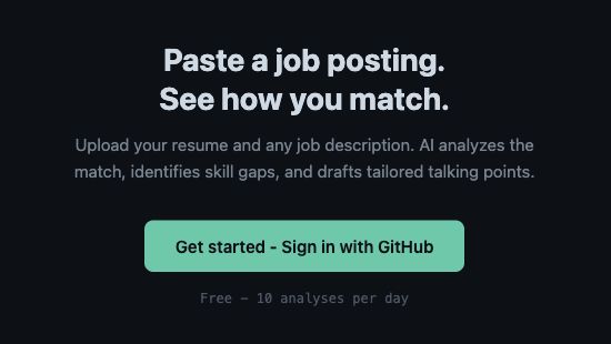 ResumeRadar's landing page: paste a job posting, see how you match, and sign in with GitHub.